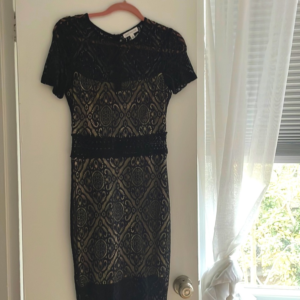 Beautiful black lace midi dress with nude inner dress